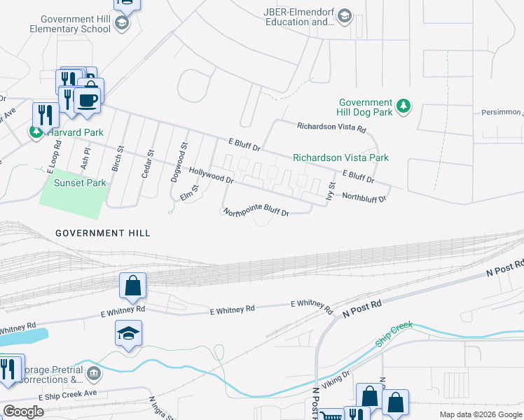 map of restaurants, bars, coffee shops, grocery stores, and more near 1167 Northpointe Bluff Drive in Anchorage