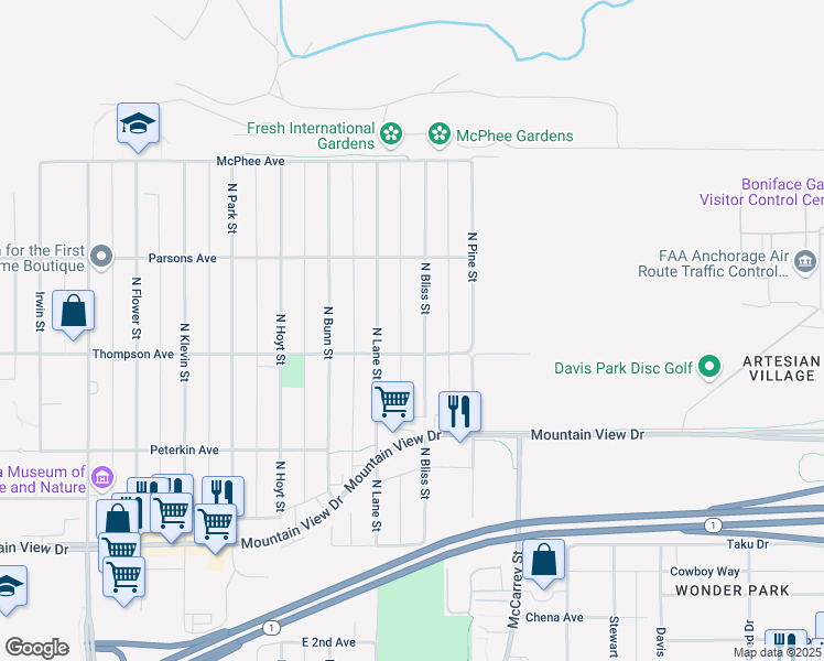 map of restaurants, bars, coffee shops, grocery stores, and more near 534 North Bliss Street in Anchorage