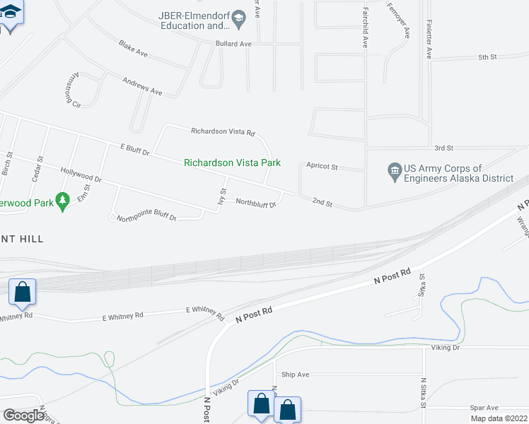 map of restaurants, bars, coffee shops, grocery stores, and more near 1405 Northbluff Drive in Anchorage