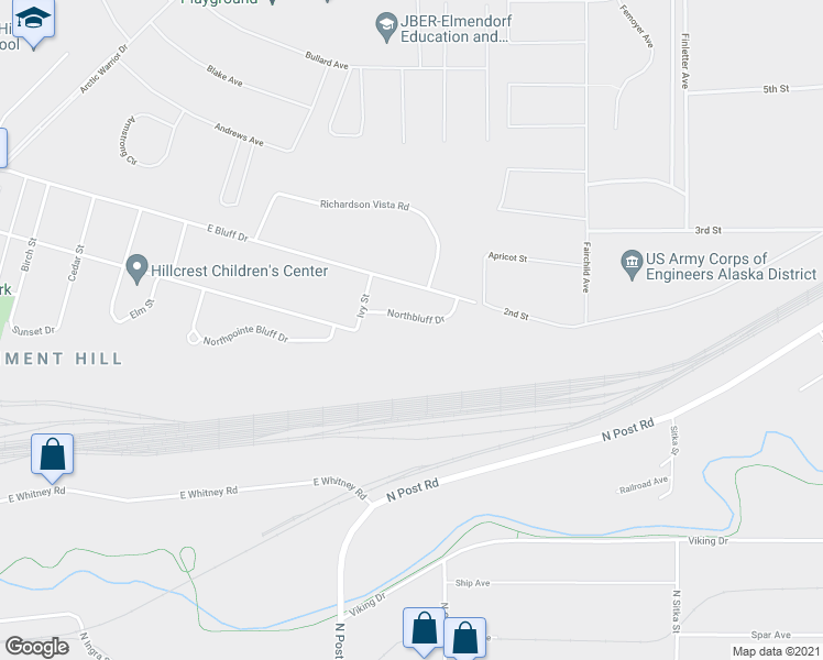 map of restaurants, bars, coffee shops, grocery stores, and more near 1405 Northbluff Drive in Anchorage