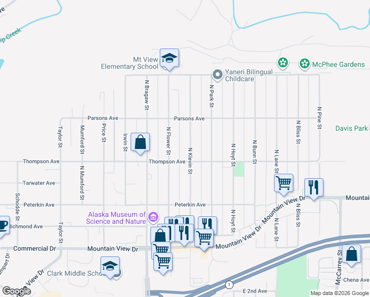 map of restaurants, bars, coffee shops, grocery stores, and more near 532 North Klevin Street in Anchorage