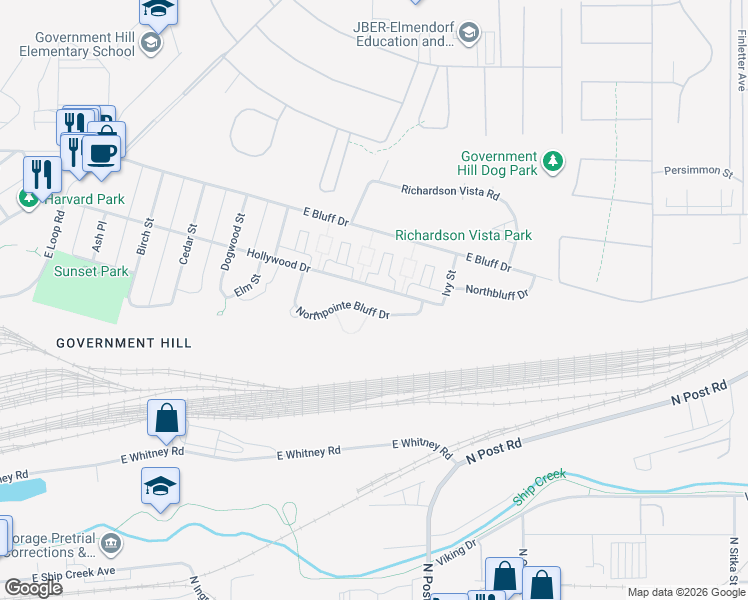 map of restaurants, bars, coffee shops, grocery stores, and more near 1100 Hollywood Drive in Anchorage