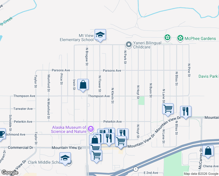 map of restaurants, bars, coffee shops, grocery stores, and more near 532 North Klevin Street in Anchorage