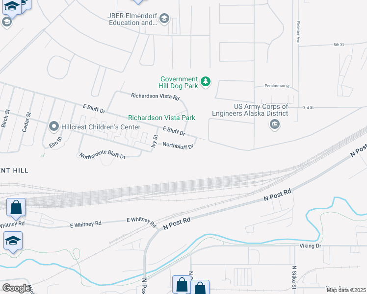 map of restaurants, bars, coffee shops, grocery stores, and more near 1581 Northbluff Drive in Anchorage