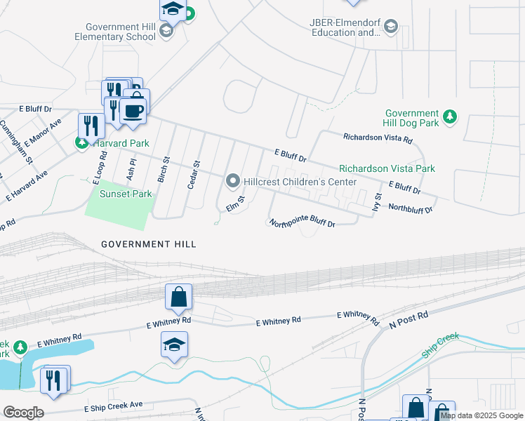 map of restaurants, bars, coffee shops, grocery stores, and more near 1030 Northpointe Bluff Drive in Anchorage
