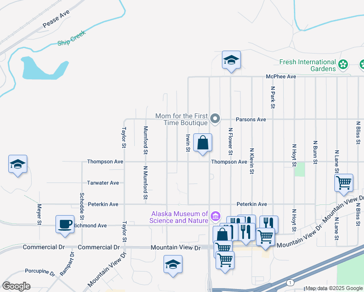 map of restaurants, bars, coffee shops, grocery stores, and more near 524 Irwin Street in Anchorage