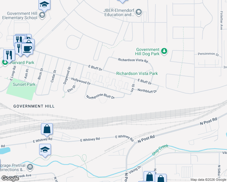 map of restaurants, bars, coffee shops, grocery stores, and more near 1100 Hollywood Drive in Anchorage