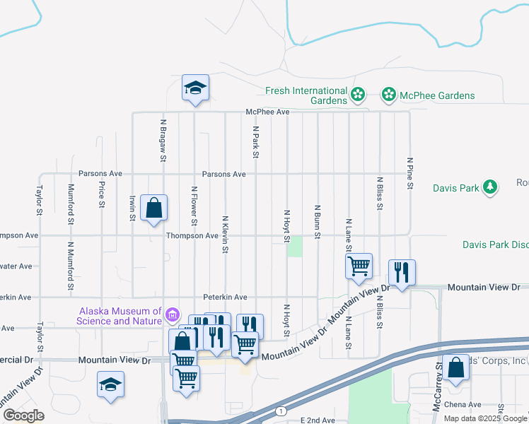 map of restaurants, bars, coffee shops, grocery stores, and more near 533 North Park Street in Anchorage