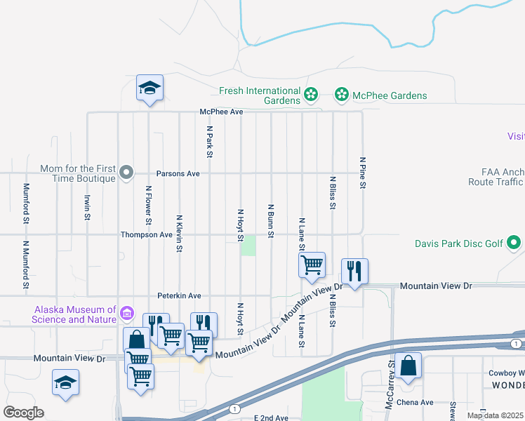 map of restaurants, bars, coffee shops, grocery stores, and more near 532 North Bunn Street in Anchorage
