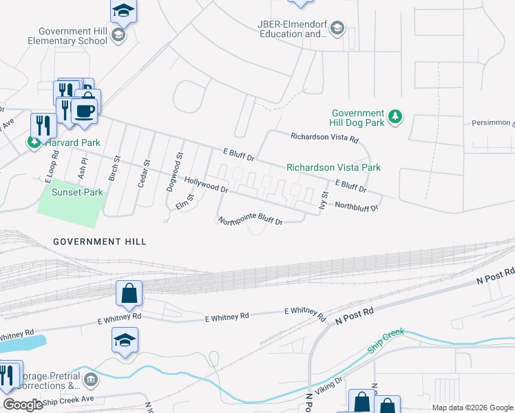 map of restaurants, bars, coffee shops, grocery stores, and more near 1167 Northpointe Bluff Drive in Anchorage
