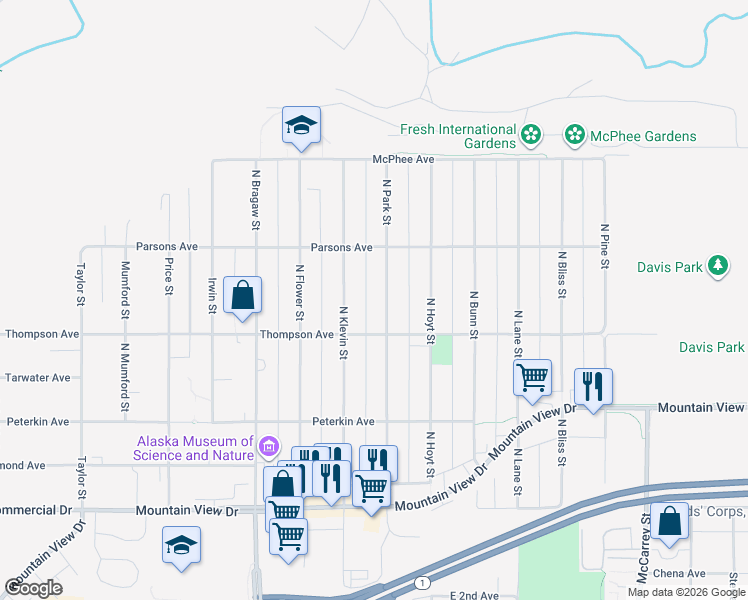 map of restaurants, bars, coffee shops, grocery stores, and more near 534 North Park Street in Anchorage