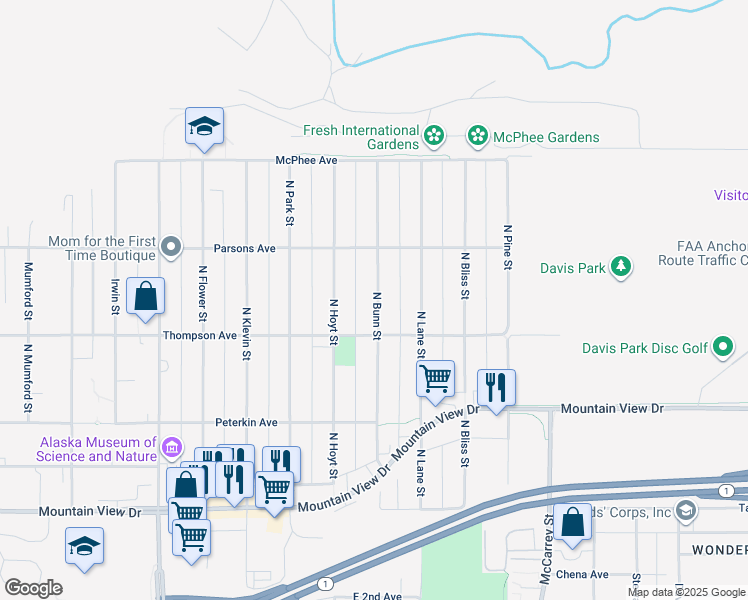 map of restaurants, bars, coffee shops, grocery stores, and more near 540 North Bunn Street in Anchorage
