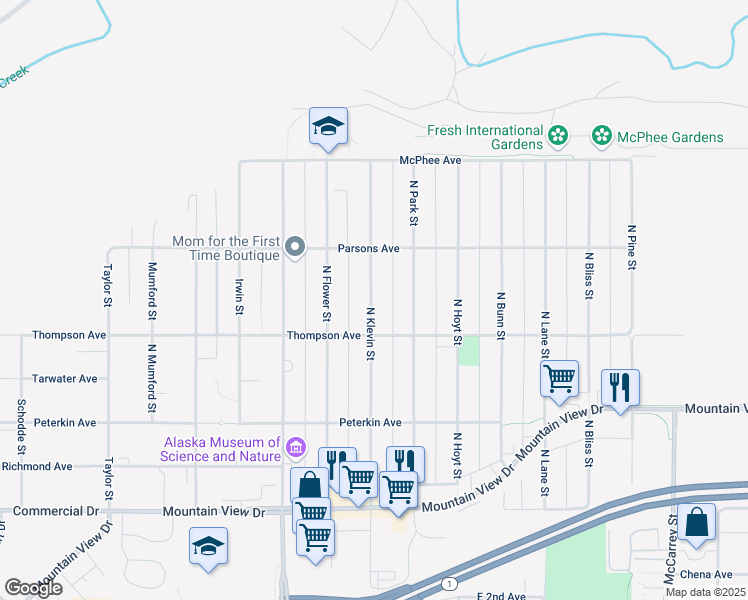 map of restaurants, bars, coffee shops, grocery stores, and more near 532 North Klevin Street in Anchorage