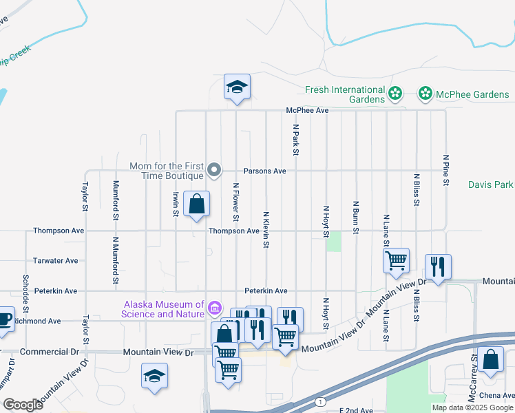 map of restaurants, bars, coffee shops, grocery stores, and more near 532 North Klevin Street in Anchorage