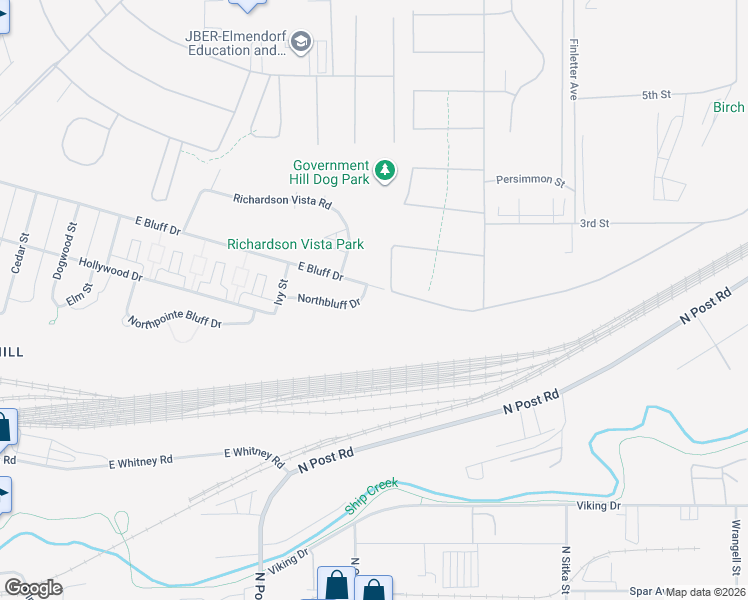 map of restaurants, bars, coffee shops, grocery stores, and more near 1581 Northbluff Drive in Anchorage