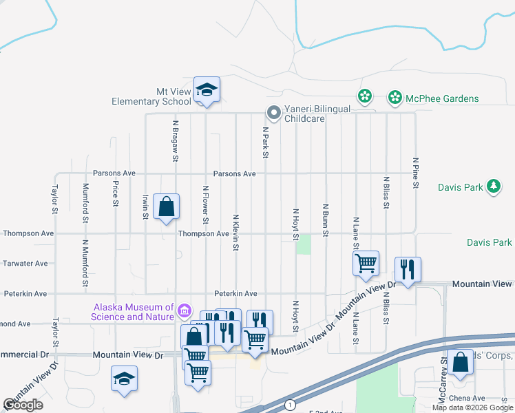 map of restaurants, bars, coffee shops, grocery stores, and more near 544 North Park Street in Anchorage