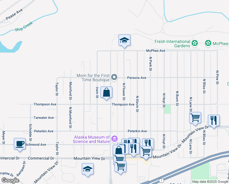 map of restaurants, bars, coffee shops, grocery stores, and more near 543 N Bragaw St in Anchorage