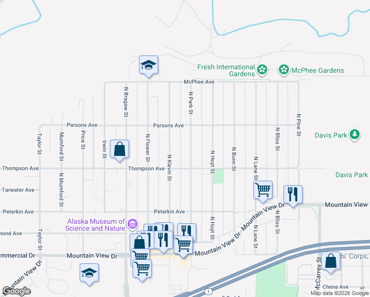 map of restaurants, bars, coffee shops, grocery stores, and more near 534 North Park Street in Anchorage