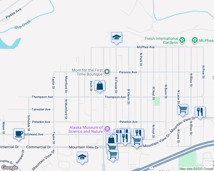 map of restaurants, bars, coffee shops, grocery stores, and more near 543 North Bragaw Street in Anchorage