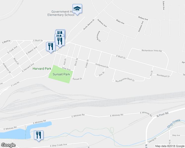 map of restaurants, bars, coffee shops, grocery stores, and more near 710 Dogwood Street in Anchorage