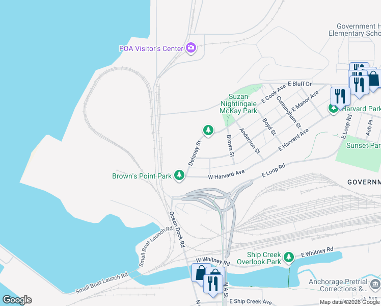 map of restaurants, bars, coffee shops, grocery stores, and more near 901 Delaney Street in Anchorage