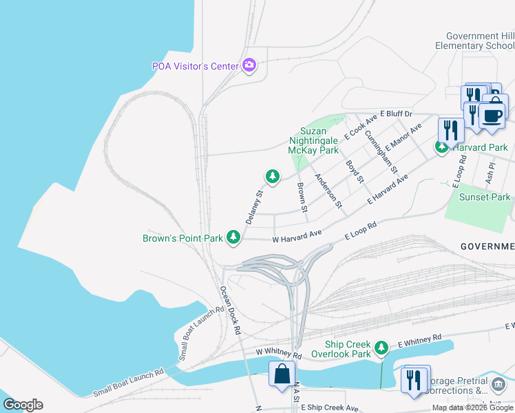 map of restaurants, bars, coffee shops, grocery stores, and more near 901 Delaney Street in Anchorage