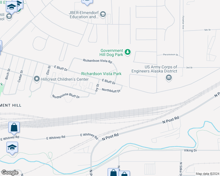 map of restaurants, bars, coffee shops, grocery stores, and more near 1407 Northbluff Drive in Anchorage