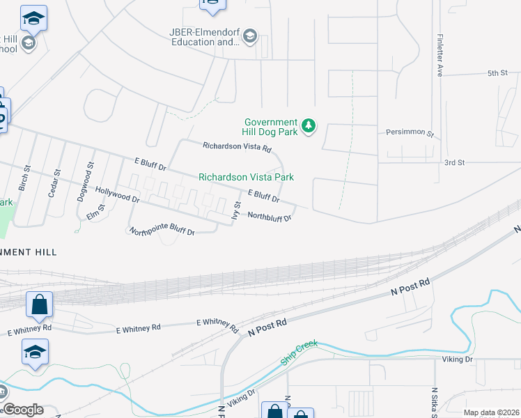 map of restaurants, bars, coffee shops, grocery stores, and more near 1405 Northbluff Drive in Anchorage