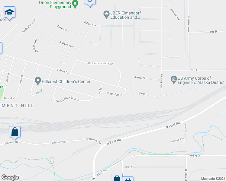 map of restaurants, bars, coffee shops, grocery stores, and more near 1405 Northbluff Drive in Anchorage