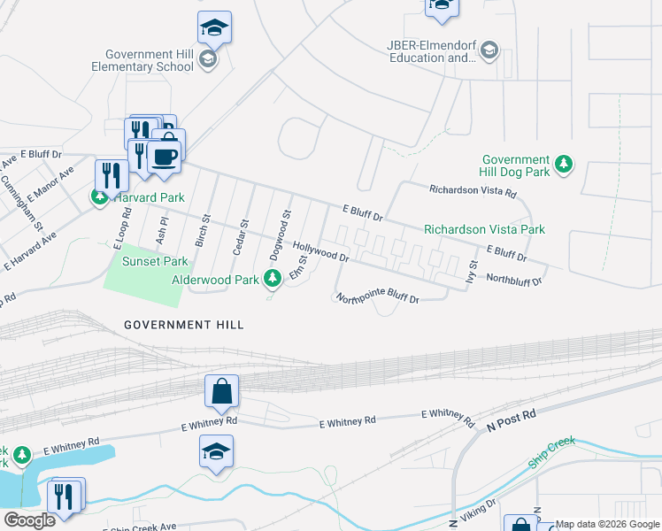 map of restaurants, bars, coffee shops, grocery stores, and more near 1030 Northpointe Bluff Drive in Anchorage
