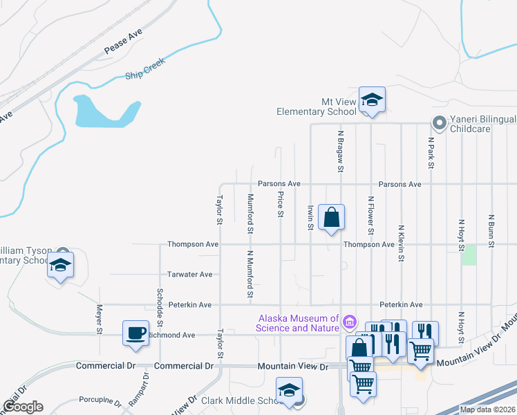 map of restaurants, bars, coffee shops, grocery stores, and more near 611 Mumford Street in Anchorage
