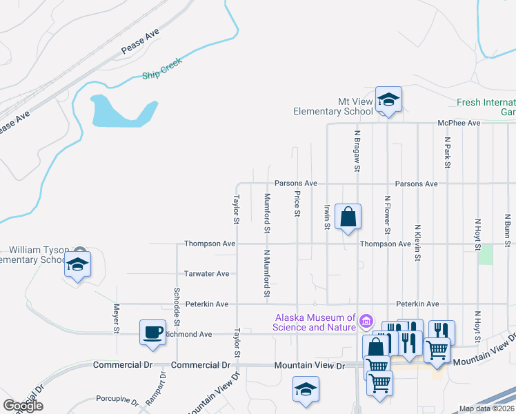 map of restaurants, bars, coffee shops, grocery stores, and more near 530 Mumford Street in Anchorage