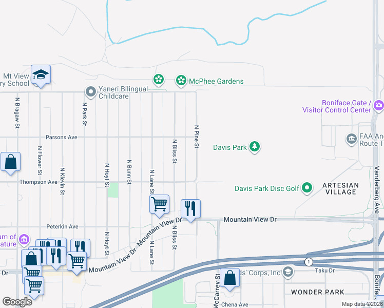 map of restaurants, bars, coffee shops, grocery stores, and more near 608 North Pine Street in Anchorage
