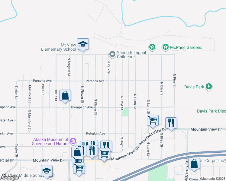 map of restaurants, bars, coffee shops, grocery stores, and more near 533 North Park Street in Anchorage