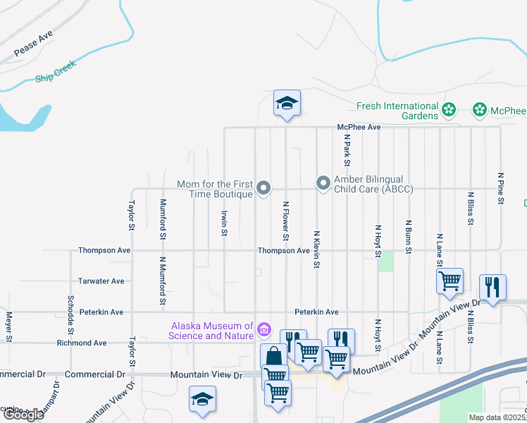 map of restaurants, bars, coffee shops, grocery stores, and more near 543 North Bragaw Street in Anchorage