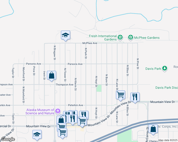 map of restaurants, bars, coffee shops, grocery stores, and more near 533 North Park Street in Anchorage