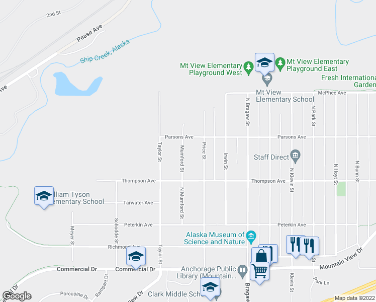 map of restaurants, bars, coffee shops, grocery stores, and more near 530 Mumford Street in Anchorage