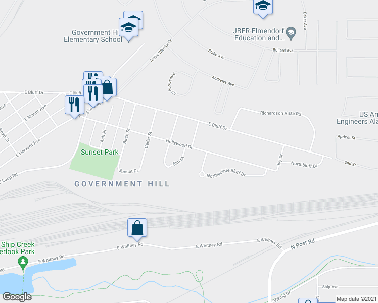 map of restaurants, bars, coffee shops, grocery stores, and more near 1030 Northpointe Bluff Drive in Anchorage