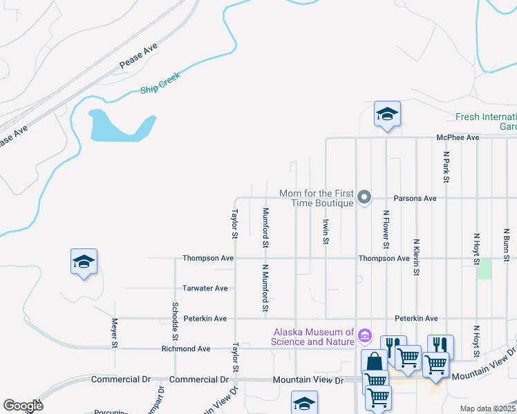 map of restaurants, bars, coffee shops, grocery stores, and more near 636 Mumford Street in Anchorage