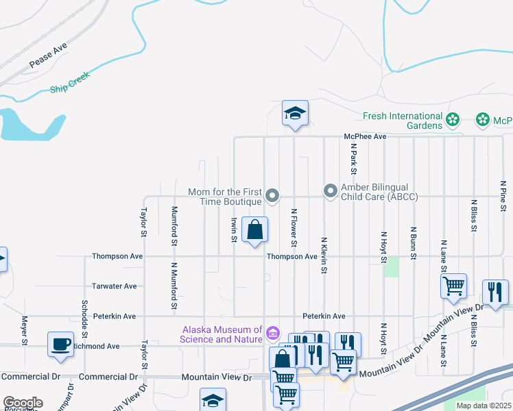 map of restaurants, bars, coffee shops, grocery stores, and more near 717 Irwin Street in Anchorage