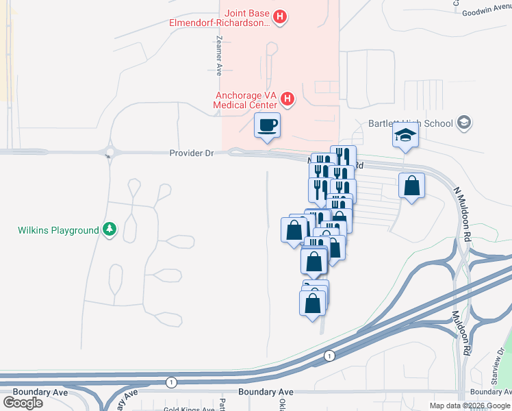 map of restaurants, bars, coffee shops, grocery stores, and more near 1200 North Muldoon Road in Anchorage