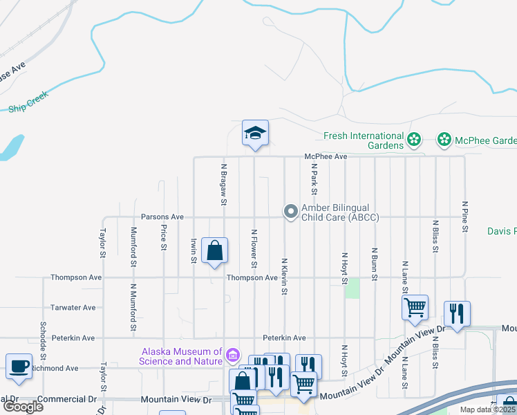 map of restaurants, bars, coffee shops, grocery stores, and more near 709 North Flower Street in Anchorage