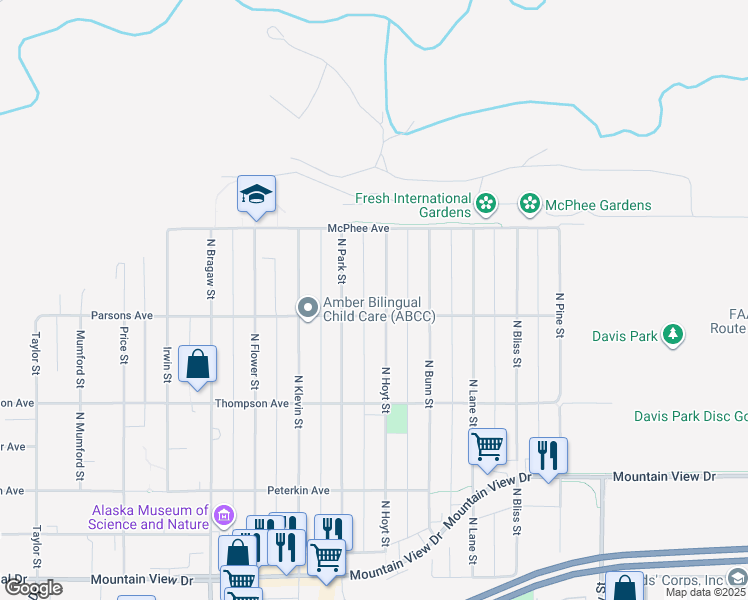 map of restaurants, bars, coffee shops, grocery stores, and more near 717 North Park Street in Anchorage