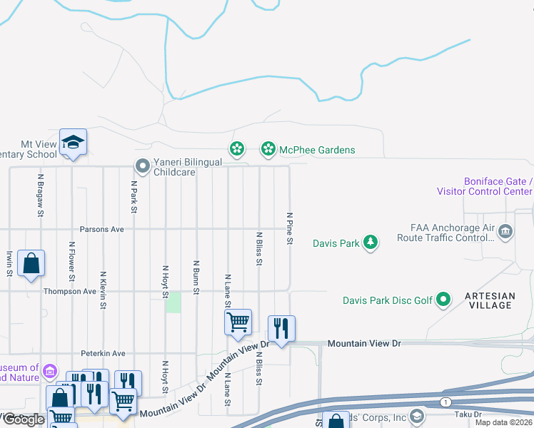 map of restaurants, bars, coffee shops, grocery stores, and more near 717 North Bliss Street in Anchorage