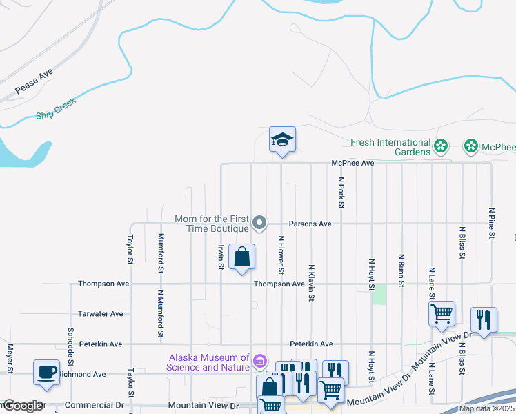 map of restaurants, bars, coffee shops, grocery stores, and more near 717 North Bragaw Street in Anchorage