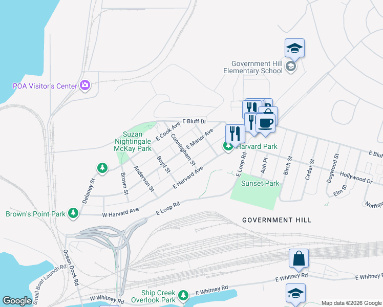 map of restaurants, bars, coffee shops, grocery stores, and more near 308 East Manor Avenue in Anchorage
