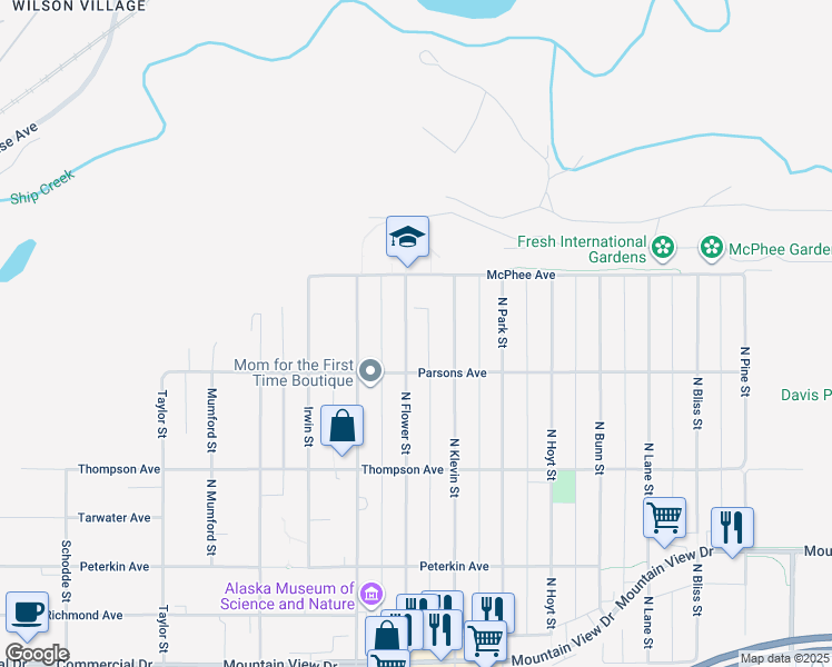 map of restaurants, bars, coffee shops, grocery stores, and more near 733 North Flower Street in Anchorage