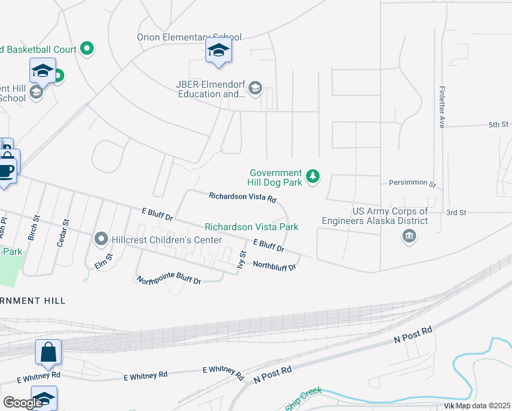 map of restaurants, bars, coffee shops, grocery stores, and more near 15 Richardson Vista Road in Anchorage