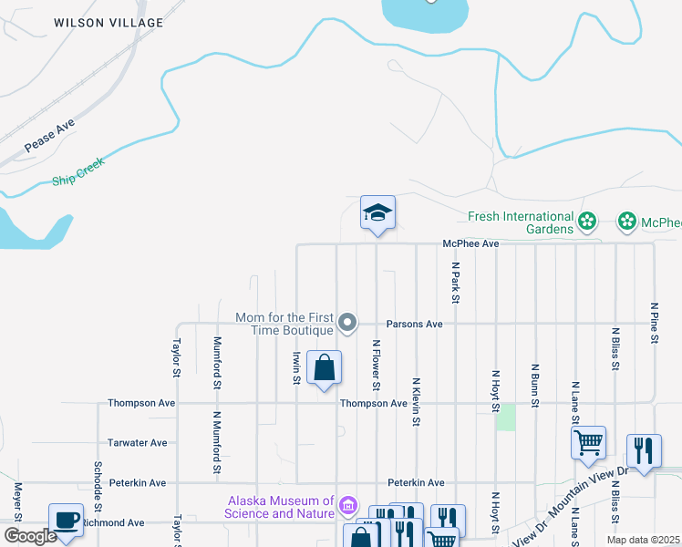 map of restaurants, bars, coffee shops, grocery stores, and more near 717 North Bragaw Street in Anchorage
