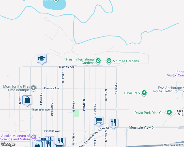 map of restaurants, bars, coffee shops, grocery stores, and more near 834 North Lane Street in Anchorage